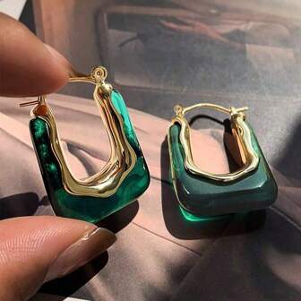 1 对优雅复古绿色 U 形耳环，适合女士，简约时尚奢华耳环，风格低调迷人