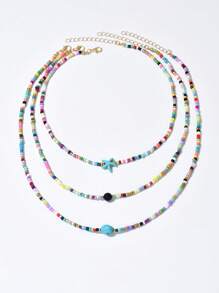 3 Stücke/Set Boho Sommer Urlaubsstil Perlen, Glassee-Stern Anhänger mehrschichtiges Perlenkette, geeignet für Frauen Strandurlaub