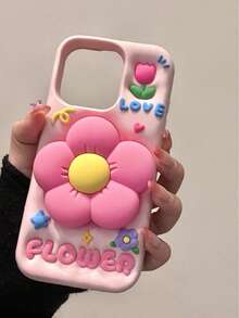 Cartoonish Pastel Pink Retractable Flower Stand Phone Case, Suitable For IPhone 16 Pro Max/15 Pro Max, Creative Internet Celebrity, Girly, Cute Silicone Anti-Drop Cover, Spring/Summer Waterproof Shockproof Scratch Resistant