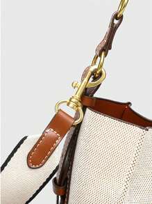 Bolso de cubo de lienzo con diseño de patchwork, bolso de mano de diseñador para mujer, bolso de lujo con correa de hombro ancha de piel de PU