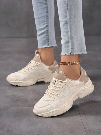 女士休闲运动鞋，时尚透气网眼运动鞋，防滑耐磨皮革拼布跑鞋，轻便个性化运动鞋