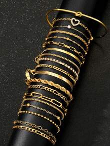 29/21/12/10 Stücke modisches, elegantes, vintage Blumen-, geometrisches, Knoten-, Strass-, Glitzer-, Liebestext-, Stern-, geprägtes, verdrehtes, mehrlagiges, rundes, Metall Armreif & Armband Set, geeignet für Feiertage, Partys, Dates, Geschenke, täglichen Gebrauch