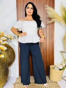 Plus Size Pants - Navy Blue and White - View 5