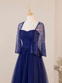 Váy lưới không dây đính cườm và sequin thanh lịch, thời trang mới, có kèm khăn choàng, trang trọng, váy dự tiệc, váy dạ hội, cho buổi tối, khách dự tiệc cưới - Xanh đậm - Xem 6