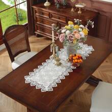 European Style Floral Lace Embroidered Polyester Table Runner - Woven Double Layer Shiny Satin Fabric, Festive Coffee Table Decor For Kitchen Dining, Indoor Outdoor Dinner Party Decoration, Ideal Gift