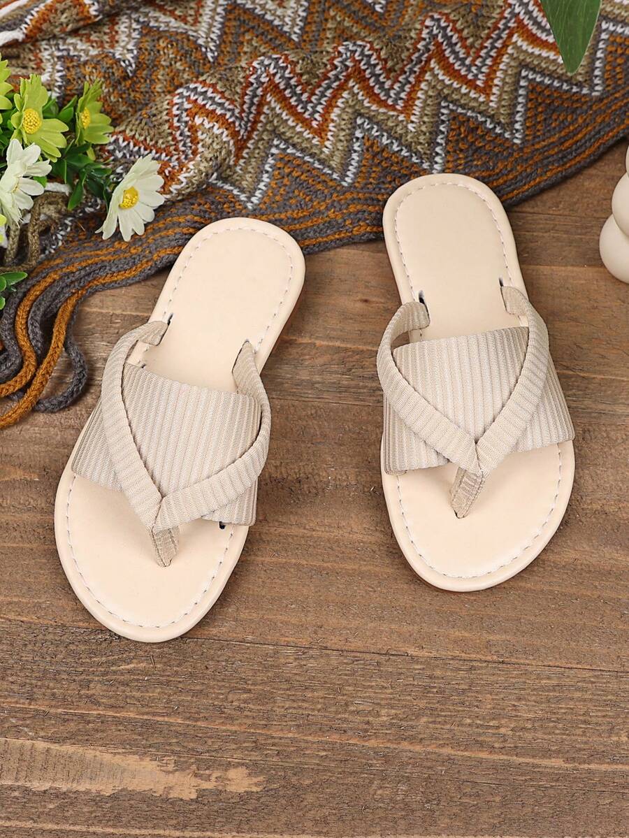 1 Pair Children & Teens Plus Size Ivory White Slippers, Elastic Fabric Thong Design, Simple Yet Comfortable, Lightweight TPR Flat Non-Slip Round Toe, Casual Indoor Outdoor Wear, Fashion Roman Sandals, Spring Summer New