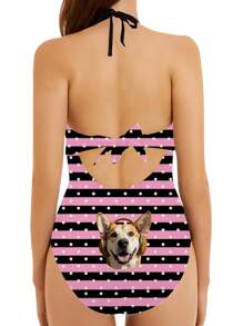 1pc Custom Pet Swimsuit For Women, Women's Hollow Out One-Piece Swimwear, Hollow Bow Accent, Sexy & Fashionable, Customizable Pet, Customize Your Exclusive Pet, Pool, Beach, Holiday, Girls Swimsuit