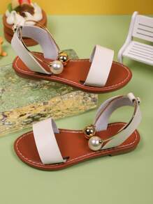 Sandalias casuales de verano 2025 con lazo y perlas para niñas, cómodas y versátiles, con diseño de punta abierta con estilo