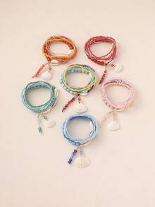 5pcs/Set Bohemian Seashell Multi-Element Pendant Anklet, Colorful Bead Multilayer Elastic Rope Anklet, Versatile, Women Fashionable Design, Suitable For Travel & Photography - Royal Blue - View 7