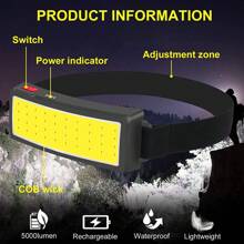 KENSUN قطعة واحدة ضوء فيضي COB LED قوي بقدرة عالية ، مصباح رأس قابل للشحن USB ببطارية مدمجة ، مصباح يدوي مضاد للماء قابل للحمل للمهام الخارجية ، ملحقات للصيد والتخييم