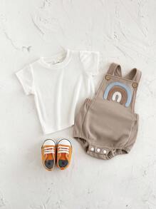 2pcs/Set Cute Rainbow Embroidered Short Sleeve T-Shirt + Bib Overall Romper Summer Outfit For Baby Boys