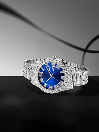 3pcs Men's Silver Alloy Watch Bands, Fashionable & Luxurious, Diamond-Encrusted Roman Numeral Dial, Calendar Function, Blue Dial Quartz Watch Bracelet Necklace Jewelry Set, Suitable For Daily Wear, Decoration Or Gift To Friends