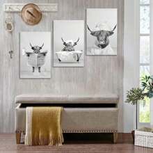 Set Of 3 Black And White Highland Cow Wall Art Canvas Painting, Funny Animal Bathroom Poster Prints With Frame, Suitable For Modern Living Room, Bathroom, Bedroom, Hotel, Apartment, B&B, Farmhouse, Hallway, Studio, Kids Room, Classroom, Study, Office Decoration Ready To Hang ,Wall Art With Frame