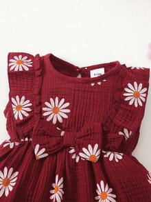 女婴夏装，可爱雏菊花印花百褶无袖连衣裙+头带 - 酒紅色 - 查看 6