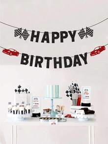 1pc Happy Birthday Banner, Race Car Theme Birthday Party Pull Flags Garland, Birthday Party Backdrop Decorations - Multicolor - View 9