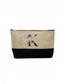 1set ,A Initial Flowers Pattern Tote Bag With Shoulder Straps&A Makeup Bag Initial Letters A-Z Set, Personalized Gift Bag With Side Pockets,Beach Bag With Scarf,Portable Leisure Storage Handbags, Multifunctional Shopping Bags, Travel Simple Storage Bag - Khaki - View 55