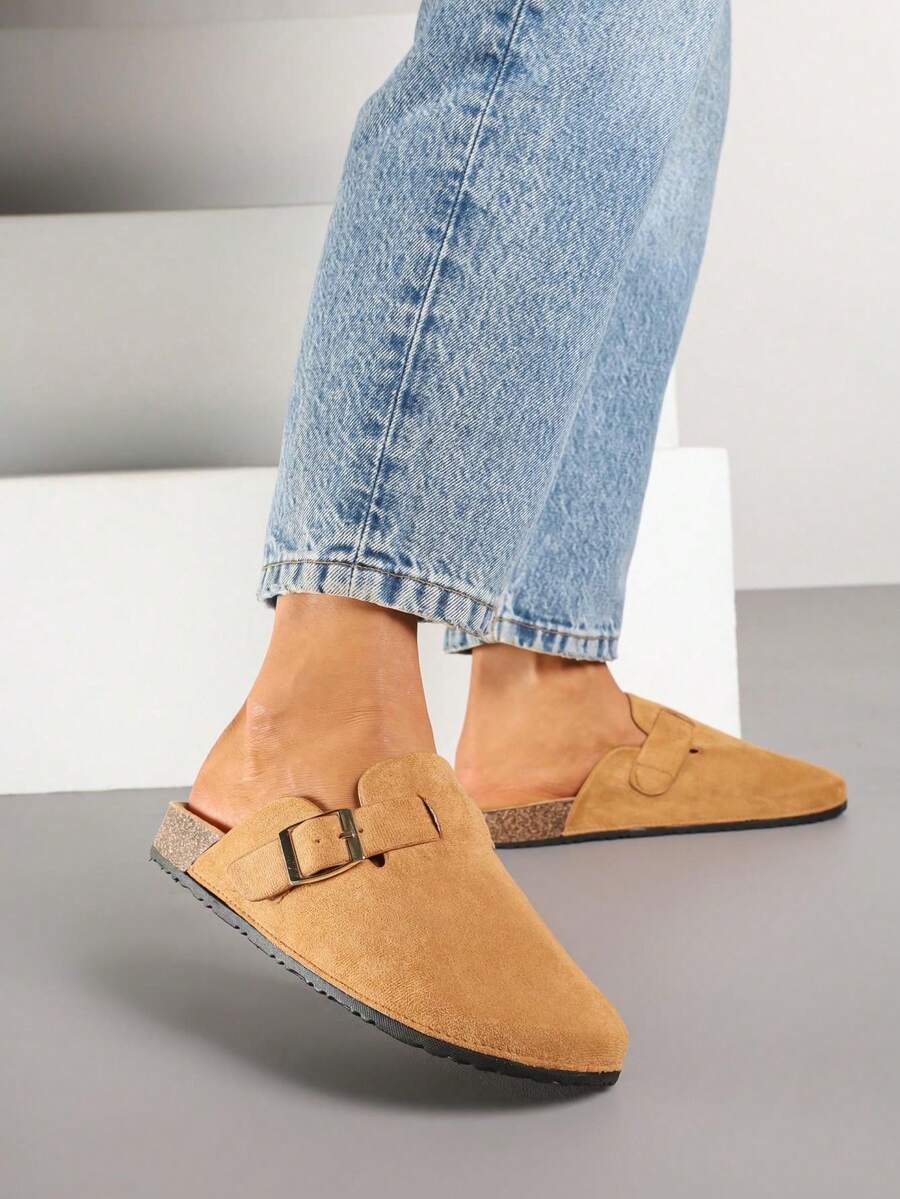 Chanclas casuales y versátiles de estilo zueco simple con hebillas - Camel - Ver 1