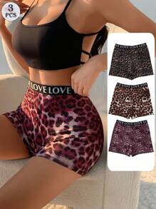 3 PCS Women's High Waist Boxer Shorts Sexy Leopard Print Panties Seamless Letter Belt Briefs Tummy Control &Butt Lifter Stretch Sporty Underwear