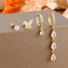 4PCS Butterfly Ear Stud Water Drop Pendant Earrings For Women,18K Gold Plated Stainless Steel And Copper,Simple CZ Zirconia Small Hoop Earring,Cartilage Piercing Jewelry