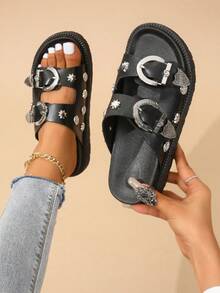 2025 Summer New Fashion Women's Chunky Wedge Heel Sandals With Double Straps,Gold Bat Buckle,And Flower Design Buckle,Round Toe,Open Toe,And Slip-On Style For Casual And Stylish Look. - màu đen - Xem 1