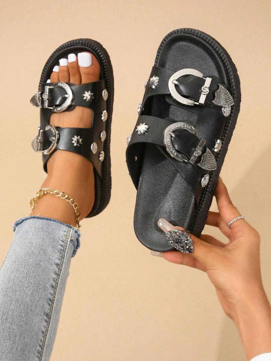 2025 Summer New Fashion Women's Chunky Wedge Heel Sandals With Double Straps,Gold Bat Buckle,And Flower Design Buckle,Round Toe,Open Toe,And Slip-On Style For Casual And Stylish Look. - màu đen - Xem 1