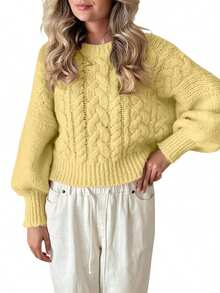Women's Cable Knit Sweaters Long Sleeve Round Neck Solid Color Pullovers Knit Tops - Yellow - View 2