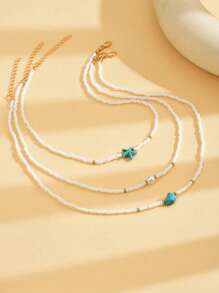Set de 3 collares largos multicapa con cuentas y colgante de estrella de mar de vidrio, estilo bohemio, adecuado para que las mujeres los usen en vacaciones en la playa