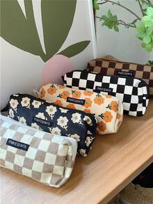 1pc Corduroy Pencil Bag Pen Case, Vintage Flower Grid Artistic Style Student Makeup Bag, High-Capacity & Unique Stationery Storage Bag Back To School,Back To School,School Supplies,Pencil Case,Pencil Pouch,School Bag - Bronze - View 7