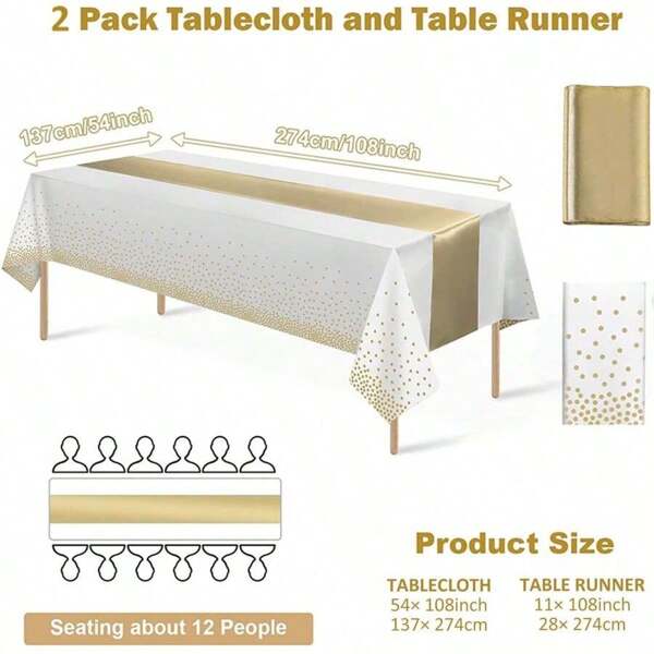 1pc White And Gold Polka Dot Tablecloth 137*274cm, Can Add 30*275cm Champagne Gold Silk Satin Table Runner (2 Pieces Set) For Wedding Birthday Anniversary Celebration, New Year Party Decoration, Mother's Day Graduation Ceremony