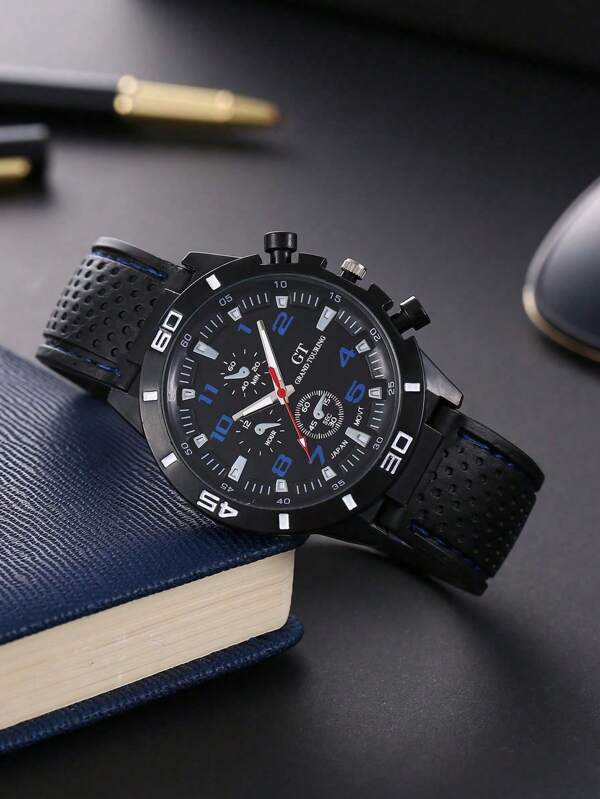 1 Pieza Reloj De Pulsera De Cuarzo Para Hombre Con Correa De Silicona Negra E Incluye Batería