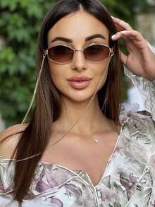 1pc Full Frame Diamond Shape Chain Decorative Fashion Retro Versatile Eyeglasses For Summer Beach Vacation,Outdoor,Travel - Gradient Brown - View 2