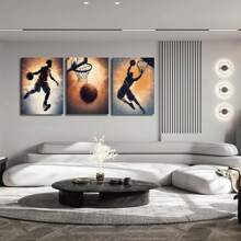 Ensemble de 3 peintures murales sur canevas avec cadre représentant des silhouettes de basketteurs, pour la décoration de la chambre d'ado, du salon, de la salle de bain, de la chambre, de l'hôtel, du Bed & Breakfast, du couloir, du studio, de la salle de classe, du gymnase, de la salle de sport, de la chambre d'enfant, du bureau à domicile. Prêt à accrocher.