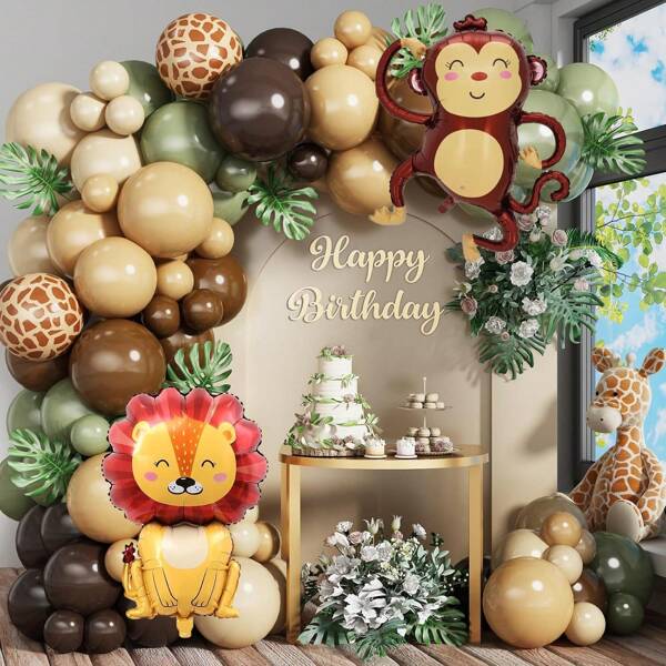 132pcs/Set Jungle Party Arched Wreath Decorative Balloon, Contains Brown, Skin Color, Grey Green, Sand White, Animal Printed Balloon, Lion, Monkey Balloon, Suitable For Birthday, Festival Decoration, Shower Party, Gender Revealing Party, Single Party Decoration, Jungle Wildlife Theme Party | High Quality Latex Balloon