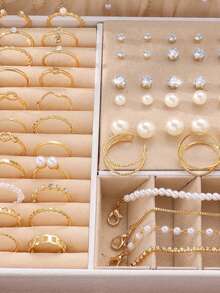 83 Pieces Fashion Exquisite Retro Heart-Shaped Imitation Pearl Inlaid With Cubic Zirconia Shiny Wave Chain Rhinestone Hollow Ring Necklace Earrings Bracelet Pierced Earrings Multi-Element Jewelry Accessory Set Suitable For Holiday Party Dating Gift Daily Wear (No Box) - 83pcs - 查看 2
