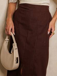 Saia Midi Feminina De Linho Com Fenda Estilosa E Cintura Flexível  e Elegante - Marrom - Visão 6