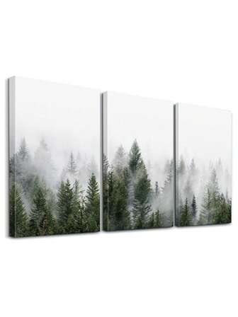 Set Of 3 Pine Wall Art, Fog Wall Decor, Forest Canvas Prints, Green Style Home Decor, Natural Artwork Wall Posters Wall Decorations, Obscure Room Decor Wall Hanging Poster For Living Room Bedroom Bathroom ,Wall Art With Frame