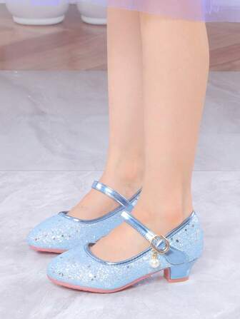 女童公主鞋，新款春秋季儿童高跟鞋，软底防滑女童鞋，蓝色亮片鞋，金色派对礼服鞋