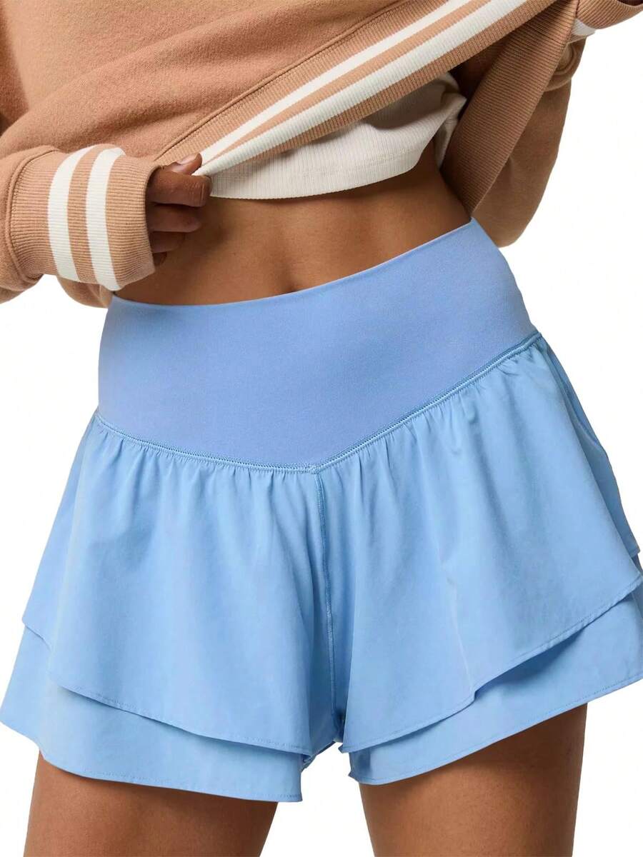 Fisoew Absorbs Sweat Breathable High Waisted Sports Shorts Sweater Shorts - Sleek Style Comfy Oversized Fit Ruffle Tiered Running Shorts With Built-In Shorts, Y2K Tennis Workout Shorts, Clean Girl Coquette Aesthetic, Daily Wear | Casual Chic - 天藍色 - 查看 1