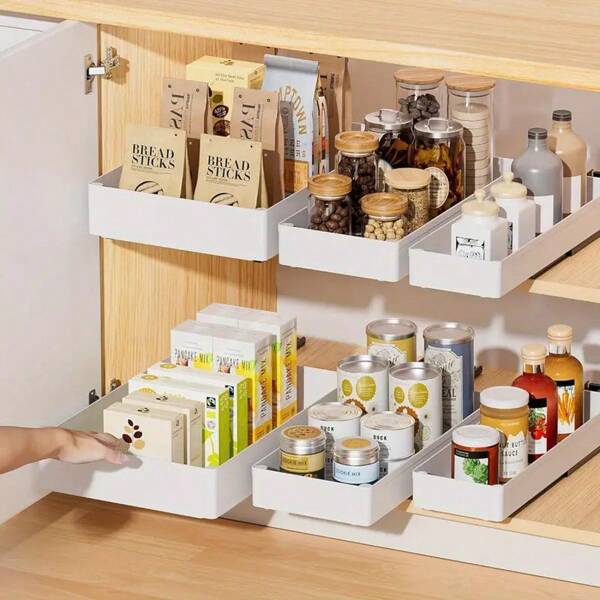 Organizator extensibil pentru dulap extensibil – Sertare glisante rezistente cu folie adezivă pentru depozitarea dulapurilor de bucătărie și de bază, design cu mai multe compartimente din plastic alb pentru condimente, ustensile și vase de gătit, dulapuri de bucătărie