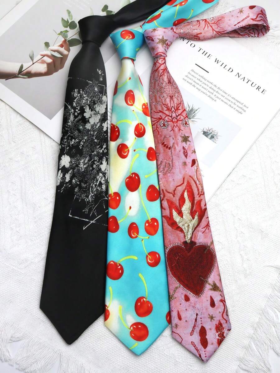 1 件红色心形和樱桃图案领带，休闲街头服饰，适合日常穿着和婚礼男士领带