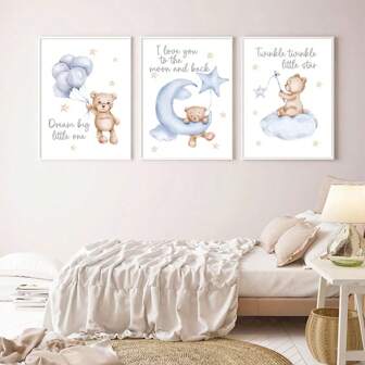 3PCS Pink Cartoon Teddy Bear Animals Posters Stars Moon Balloons Nursery Canvas Painting Print Picture Nordic Wall Arts Boy Girls Room Decoration Optional Frame ,Wall Art With Frame