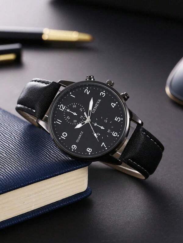 1pc Men's Black Numerals Scale Quartz Watch With Included Battery
