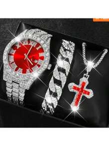 3 PIÈCES/SET Mode HIPHOP Luxe strass Bande d'Acier Calendrier Échelle Romaine Montre à Quartz Homme Avec Ensemble Bracelet strass. Collier Pendentif Croix Zircone Titane. Ensemble Cadeau Collier Bracelet Montre pour Soirées, Fêtes, Clubs Noctunes Décoration Bijoux Accessoires