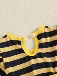 Conjunto de verano para niña de 0 a 18 meses: mono acampanado con estampado de abejas y diadema gratis  Pelele de rayas de manga corta, ropa para bebé niña - Amarillo - Ver 8