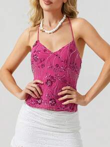 Women Y2K Sequin Cami Top Sexy Low Cut V Neck Open Back Criss Cross Straps Tank Tops Cute Sparkle Backless Summer Going Out Crop Tops Party Tops New Years Top - 玫紅色 - 查看 6