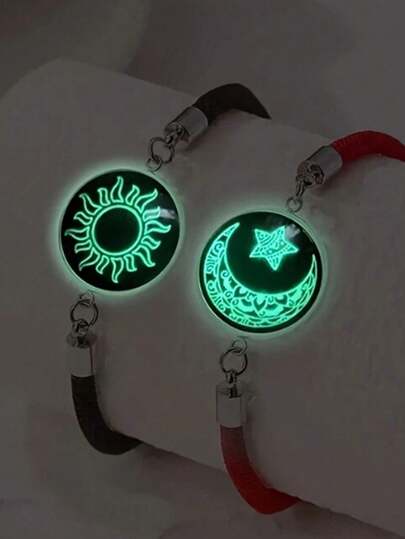 2 件/套手工情侣礼物手链套装，日月夜光阴阳玻璃手链，时尚百搭