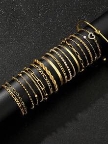 29/21/12/10 Stücke modisches, elegantes, vintage Blumen-, geometrisches, Knoten-, Strass-, Glitzer-, Liebestext-, Stern-, geprägtes, verdrehtes, mehrlagiges, rundes, Metall Armreif & Armband Set, geeignet für Feiertage, Partys, Dates, Geschenke, täglichen Gebrauch