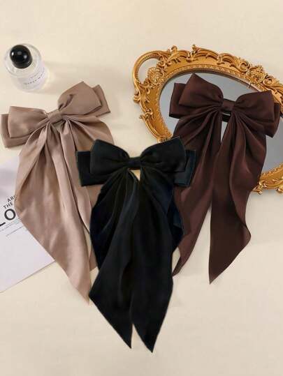 3 pezzi/1 pezzo Fermagli per capelli con fiocco in raso oversize nero, cachi, marrone, accessori eleganti e alla moda per capelli, adatti per uso quotidiano, casual, festa, pendolarismo, spiaggia, clip per capelli, barrette per capelli, accessori per la scuola, il college, fiocchi, carini