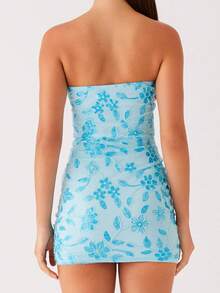 Women Sparkly Beaded Floral Tube Top Dress Slim Off Shoulder Sleeveless Open Back Sequin Mini Bodycon Dress - 藍色 - 查看 7