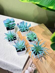 1 Set (5pcs) Artificial Mini Plant Pot Combination (Plastic Material), Home Decor For Living Room, Bedroom, Bathroom, Bookshelf, Cute Party Decoration, Gift - Blue - View 16